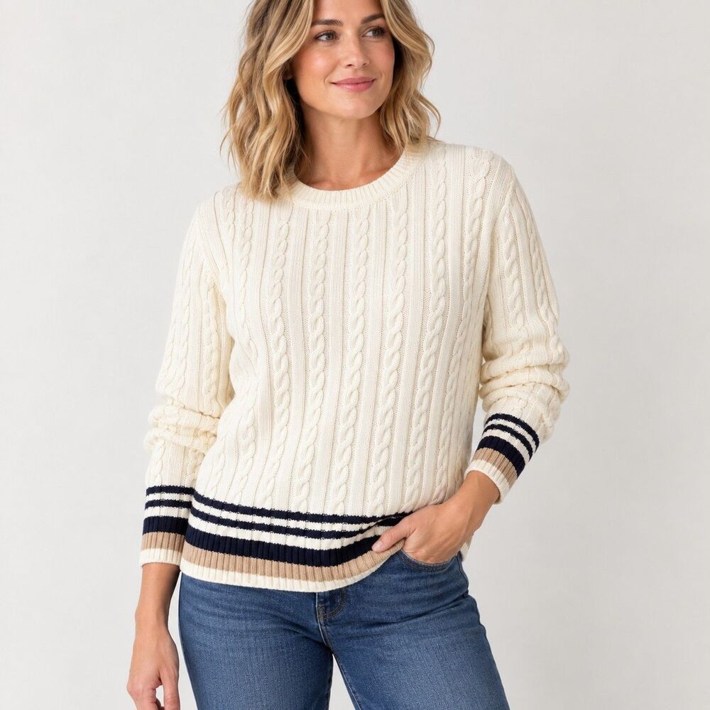 Tommy Hilfiger Womens XL Cable Knit Sweater Ivory Navy Tan Stripe Cotton Preppy